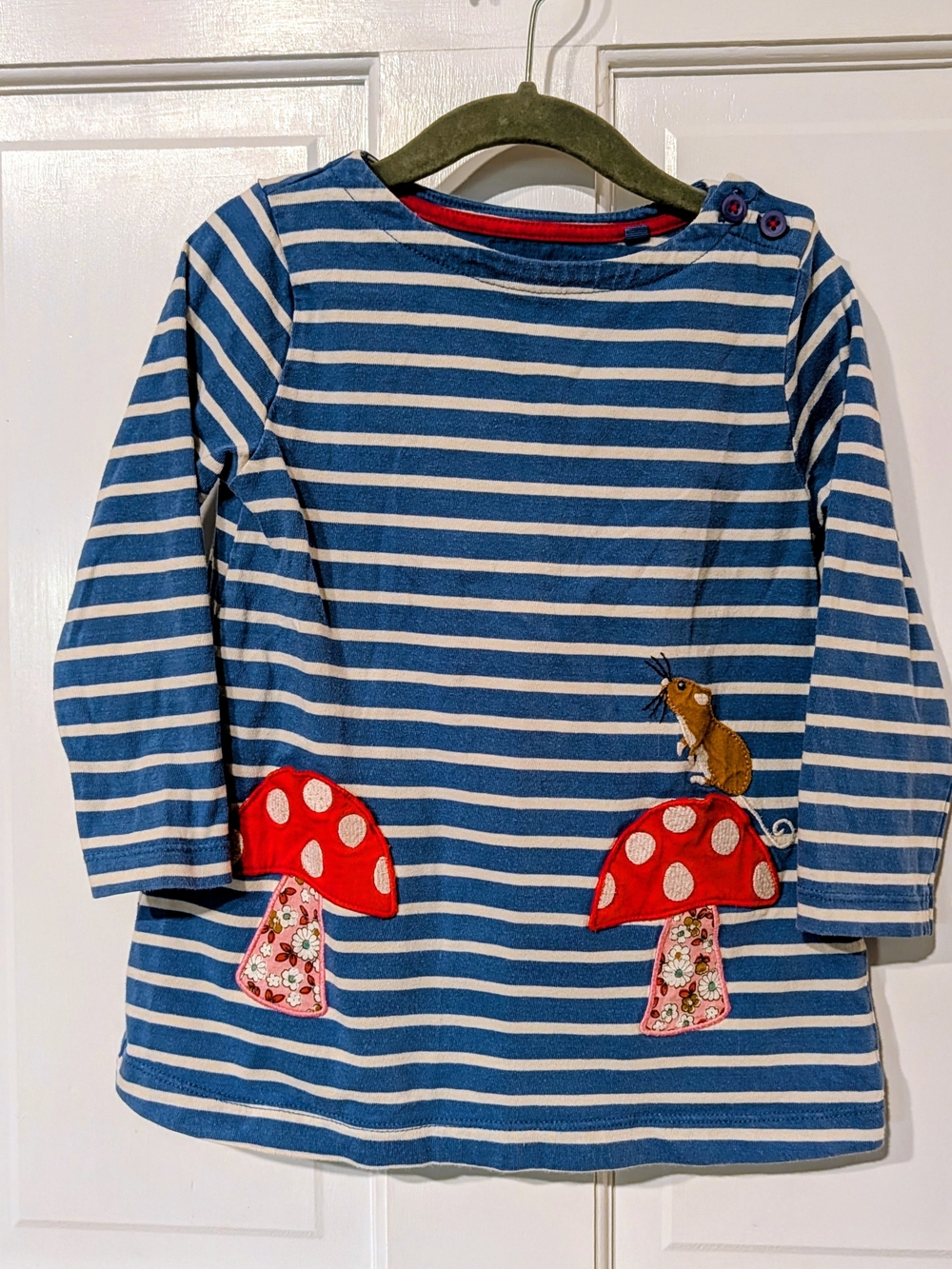 Blue Striped Kids Shirt with Mushroom Pockets & Mouse Appliqué